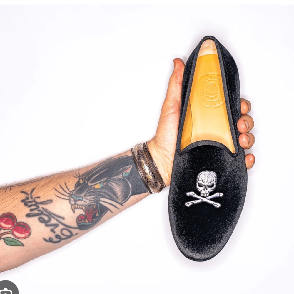 Del Toro Black Velvet smoking shoes Loafers with Skull Design size‎ 6.5